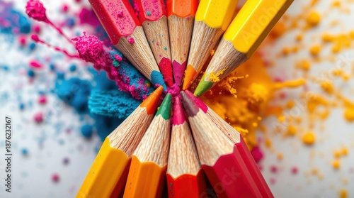 Colorful explosion of drawing pencils arranged in a radial pattern, symbolizing creativity and artistic expression