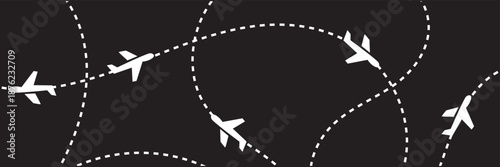 Airplane flight routes travel pattern background. Seamless aviation themed background with airplane icons and dotted flight paths, representing air travel, global transportation.