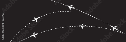 Airplane flight routes travel pattern background. Seamless aviation themed background with airplane icons and dotted flight paths, representing air travel, global transportation.