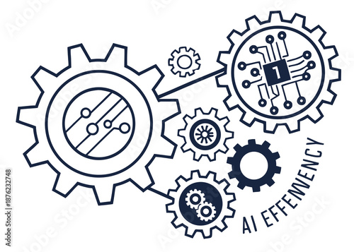 A vector graphic illustration of interconnected gears and cogs with a microchip representing AI efficiency and technological innovation