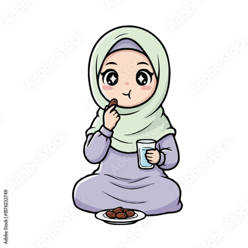 Cute Muslim Girl Character Eating Dates and Drinking Water for Iftar or Suhoor Illustration