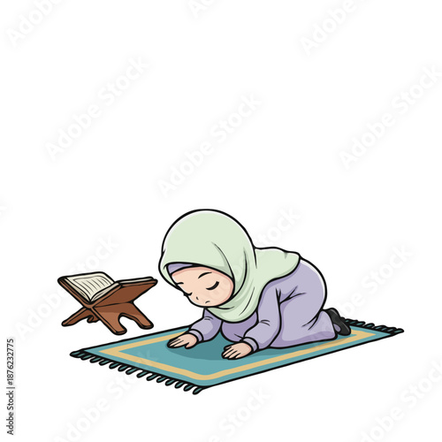 Muslim Girl Character Praying Prostrating Sujud with Quran and Prayer Mat Illustration