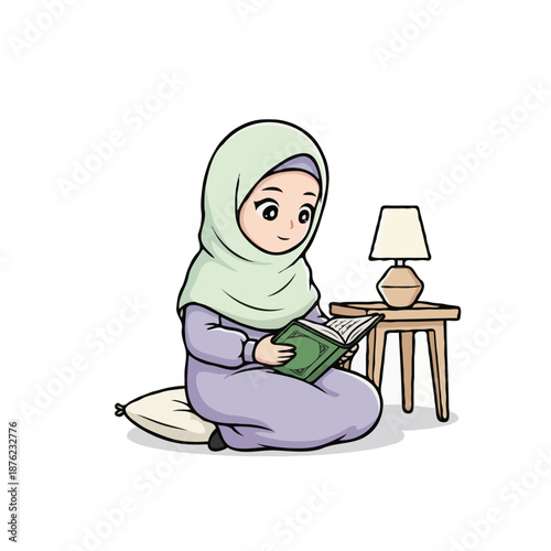 Muslim Girl Character Sitting and Reading Holy Quran Near Lamp Illustration