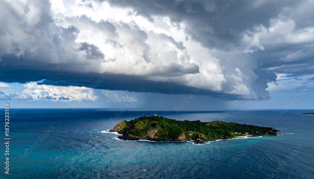 Fototapeta premium Dramatic aerial shot of a small island under a stormy sky