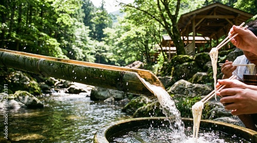 Noodle River Flow: A culinary moment unfolds as the refreshing waters of a bamboo flume gracefully deliver noodles directly into eager hands, capturing a unique dining experience.