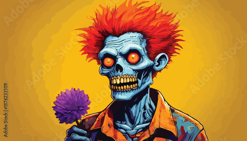 Zombie with Red Hair Holding a Purple Flower.
