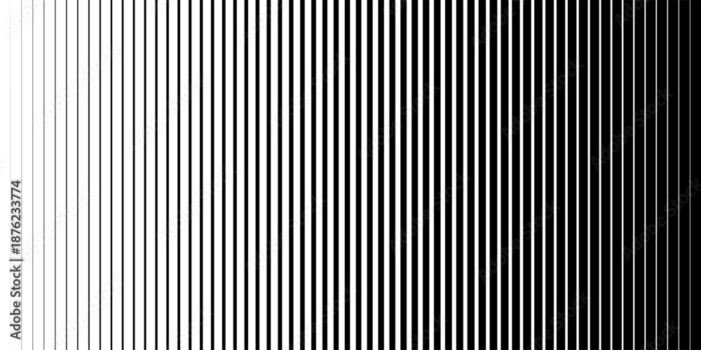 Obraz premium Halftone gradient pattern with vertical lines. Abstract black and white background with a smooth transition from thin to thick stripes. Vector illustration.