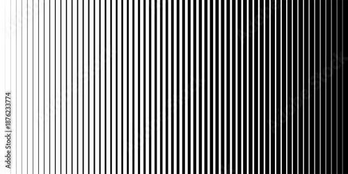 Halftone gradient pattern with vertical lines. Abstract black and white background with a smooth transition from thin to thick stripes. Vector illustration.