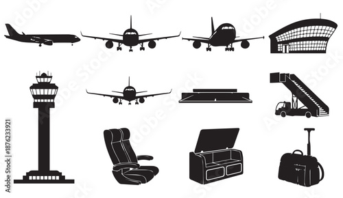 Airport travel icons set including airplanes, terminal, control tower, and luggage