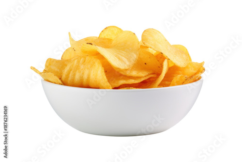 Potato Chips in White Bowl with Golden Color and Soft Lighting for Snack Advertising