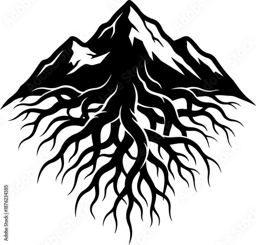 Tree roots growing from a mountain silhouette vector illustration