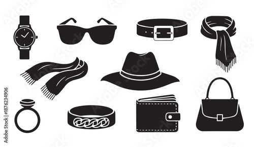 Collection of black and white fashion accessories icons including hats, bags, jewelry, and watches.