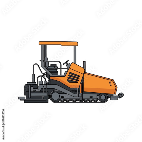 Orange Asphalt Paver Machine Isolated on White Background, Construction Vehicle.