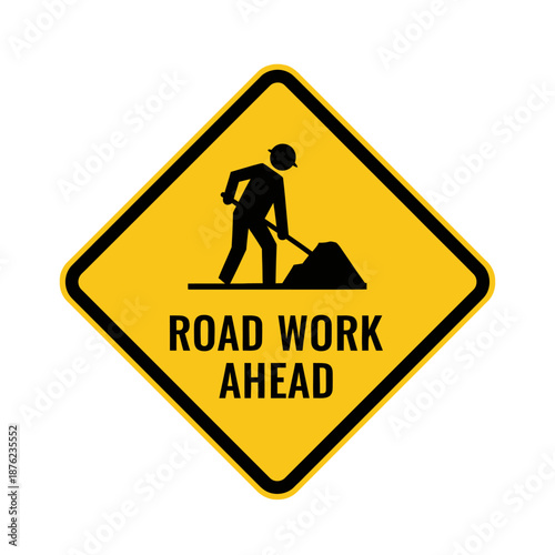 Road Work Ahead Sign: Construction Worker Icon Yellow Warning Diamond