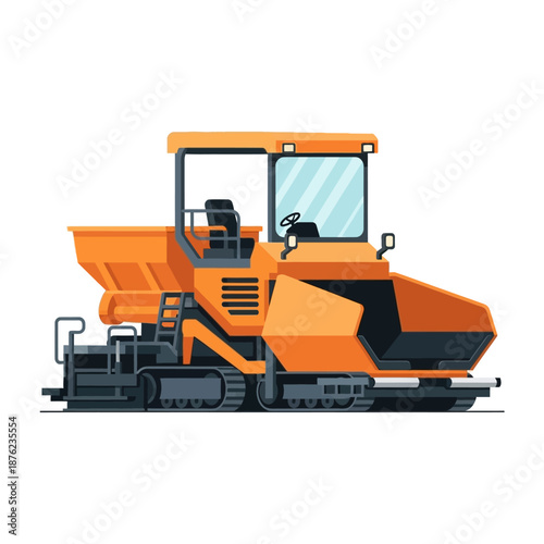 Orange Asphalt Paver Machine on White Background: Vector Illustration