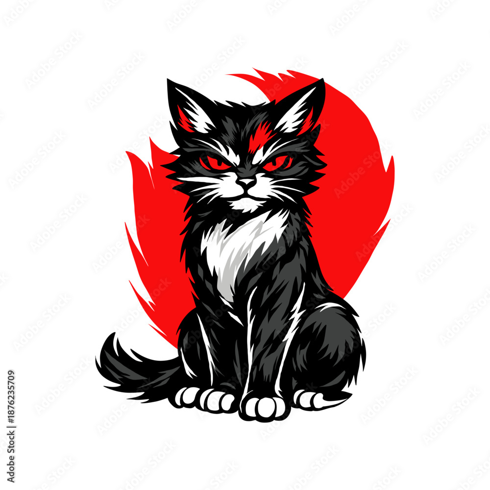 Obraz premium Angry Black Cat Sitting Mascot Character With Red Flame Brush Splash Background Vector Illustration