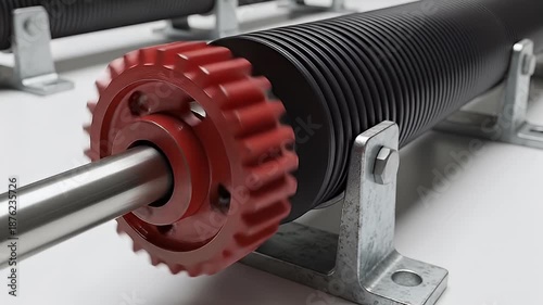 Close up of a garage door torsion spring mechanism with red gear.