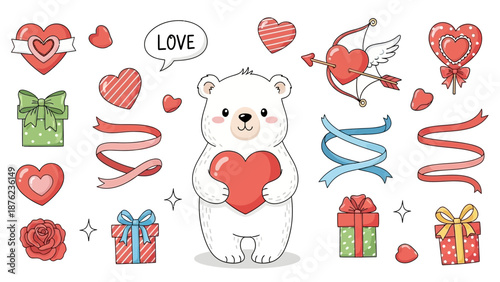 A charming collection of Valentine's Day elements featuring a cute polar bear holding a heart, surrounded by gifts, ribbons, and various love symbols.
