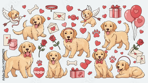 Adorable cartoon golden retriever puppies with Valentine's Day elements like hearts, roses, gifts, and cupid wings, perfect for romantic themes.