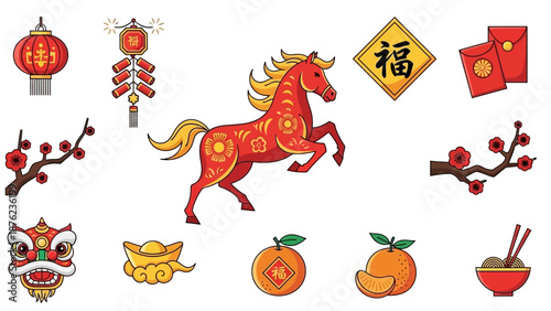 A vibrant collection of traditional Chinese New Year symbols and festive decorations, including a red horse, lanterns, and lucky oranges.