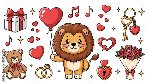A charming cartoon lion holding a red heart balloon surrounded by various romantic and Valentine's Day themed elements like gifts, roses, rings, and hearts.