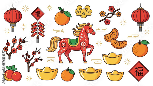 A vibrant collection of Chinese New Year symbols including a red zodiac horse, traditional lanterns, firecrackers, gold ingots, oranges, and plum blossoms, set against a white background.