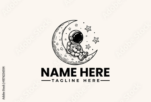 Black and white illustration of an astronaut sitting on a crescent moon with stars, accompanied by a placeholder name and tagline in a simple, iconic logo design on a beige background.