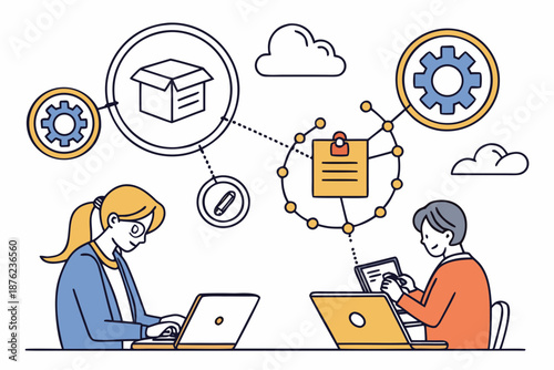 A vector graphic illustration of two people working on laptops with various icons and symbols surrounding them
