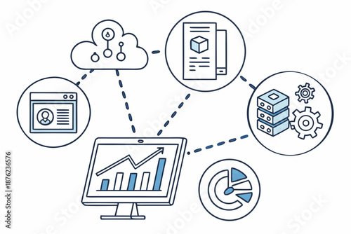 A vector graphic illustrating a computer monitor connected to various data analysis and management icons