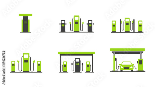 Set of flat design icons illustrating various gas stations and fuel pumps with a car.