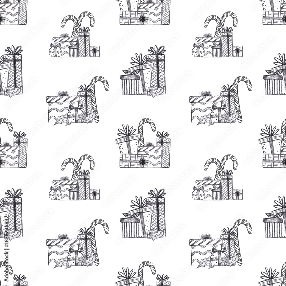 Obraz premium Hand drawn black charcoal pencil graphic presents boxes seamless pattern isolated on white background. Can be used for textile, fabric and other printed products