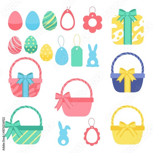 Colorful Easter baskets and eggs displayed in a festive illustration with decorative elements and bows