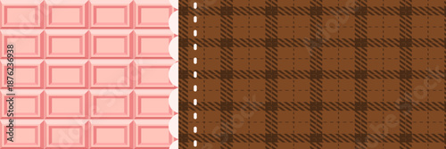 ピンクチョコとチェック柄の横長背景バナー