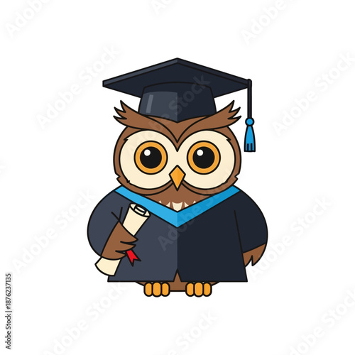 Graduated owl in cap and gown holding diploma proudly