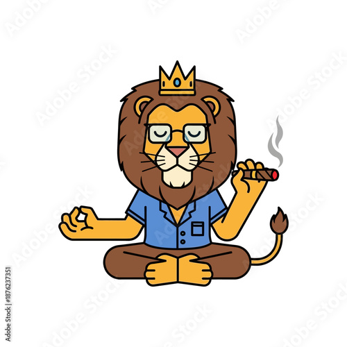 Relaxed lion king meditating with cigar and crown