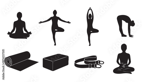 Black silhouettes of people practicing yoga with equipment on white background