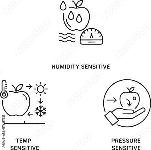 Fruit storage sensitivity line icons indicating temperature, humidity, pressure sensitivity, white background vector