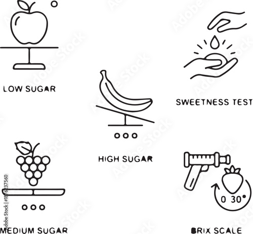  Fruit sugar concentration indicator line icons using symbolic scales and fruit shapes, white background vector.