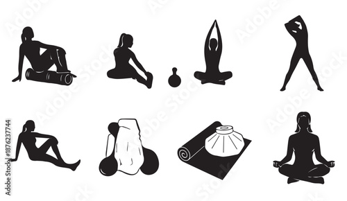 Silhouette of women practicing yoga in various poses on a mat with props.