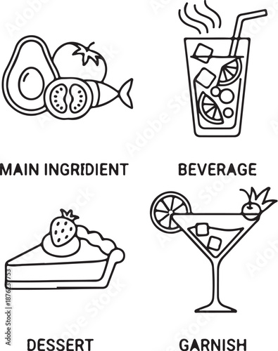  Fruit culinary role line icons showing dessert, garnish, main ingredient, beverage use, white background vector.