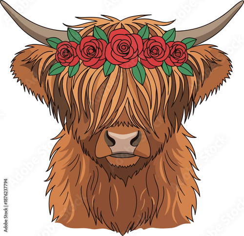 Highland Cow with Red Rose Flower Crown Vector Illustration