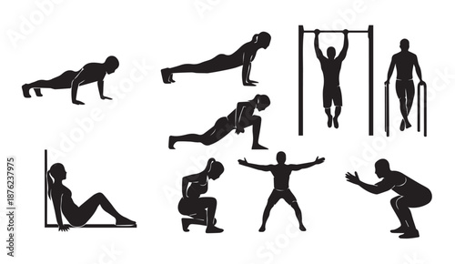 Silhouette illustrations of people performing various exercises and workouts