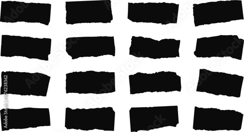 Black torn paper strips on white background
