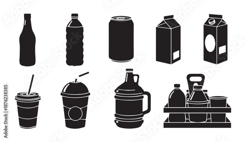 Vector illustrations of various beverage containers and drinkware on white background