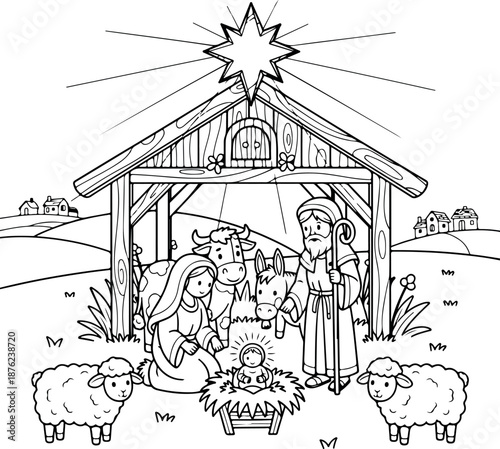Colorful nativity scene with Mary, Joseph, baby Jesus, and animals
