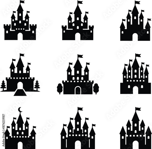 Fairy Tale Castle Silhouette Icon Set Illustration