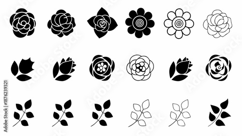 Collection of elegant flower and leaf icons in black and white