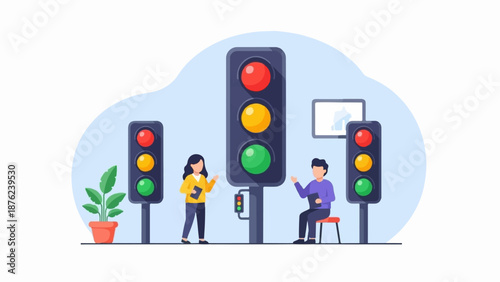 Two people interact near traffic lights, with a plant and screen nearby