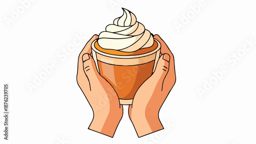 Two hands gently hold a warm, creamy beverage topped with whipped cream