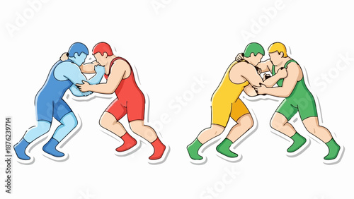 Two pairs of stylized wrestlers in brightly colored singlets grapple on a white background